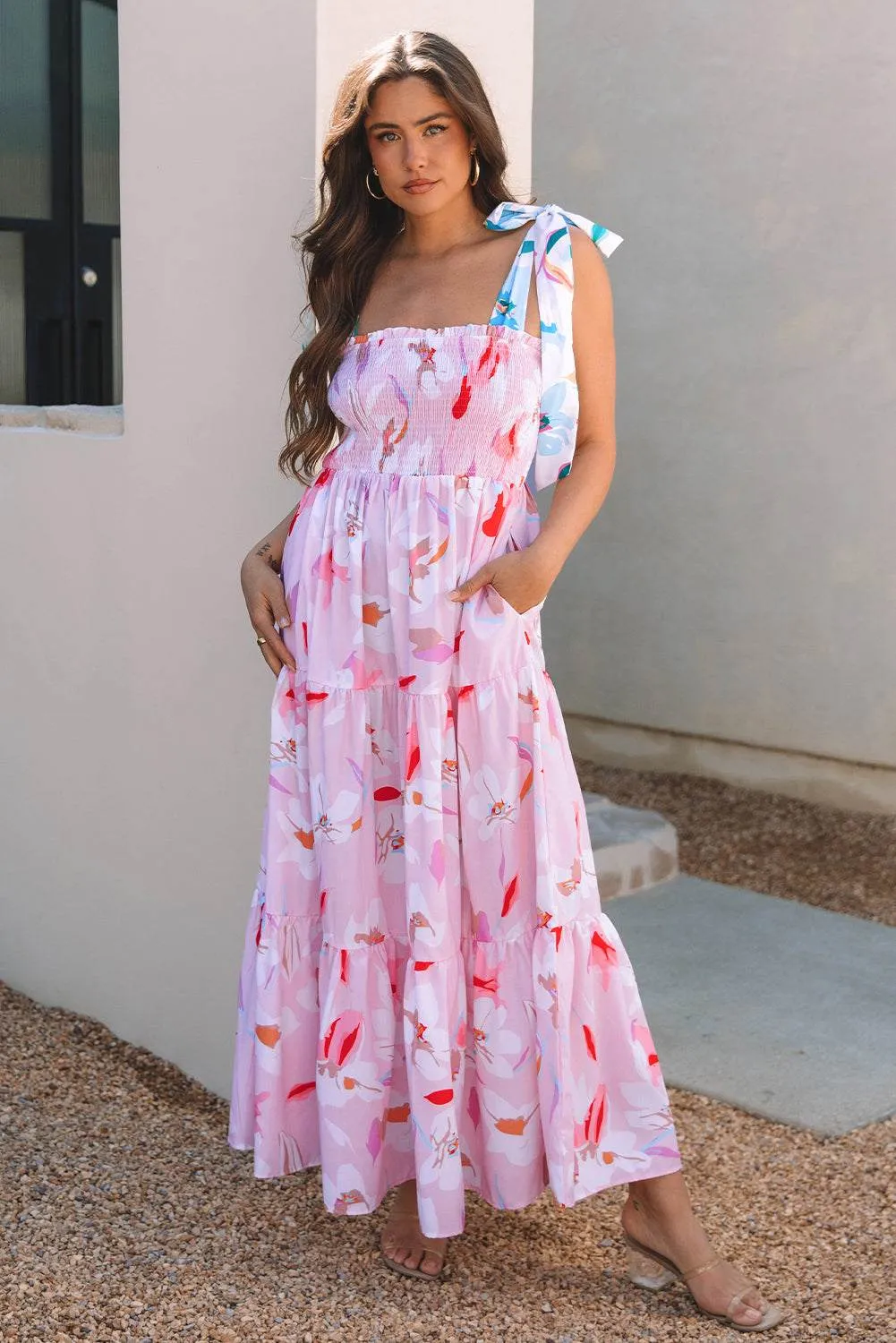 Threaded Pear Flora Floral Knotted Shoulder Smocked Maxi Dress sold by Zulily