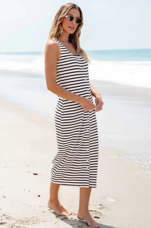 Threaded Pear Denver Striped Print Sleeveless Buttoned Maxi Dress made by Threaded Pear