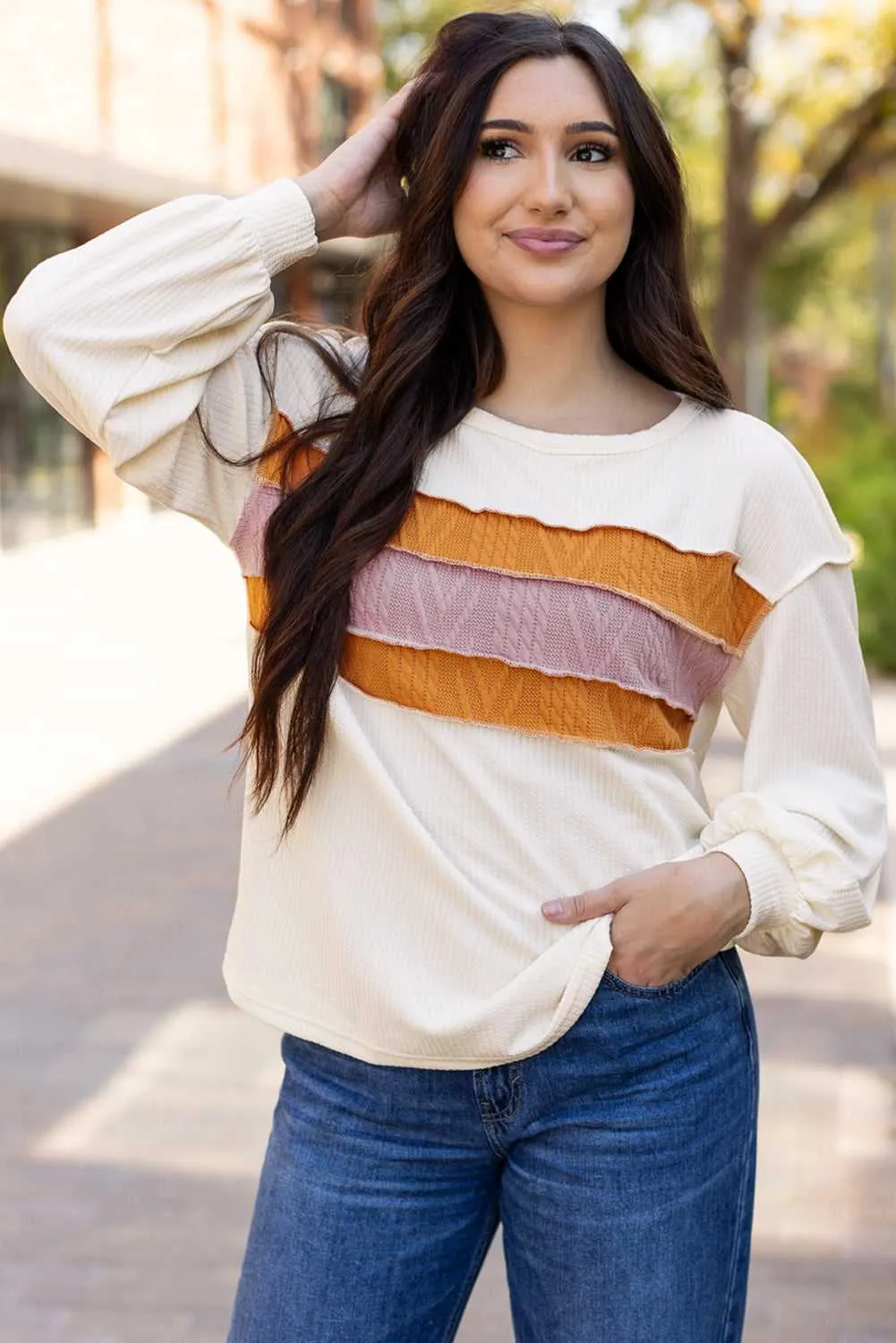 Threaded Pear Ember Exposed Seam Knit Patchwork Top sold by Zulily