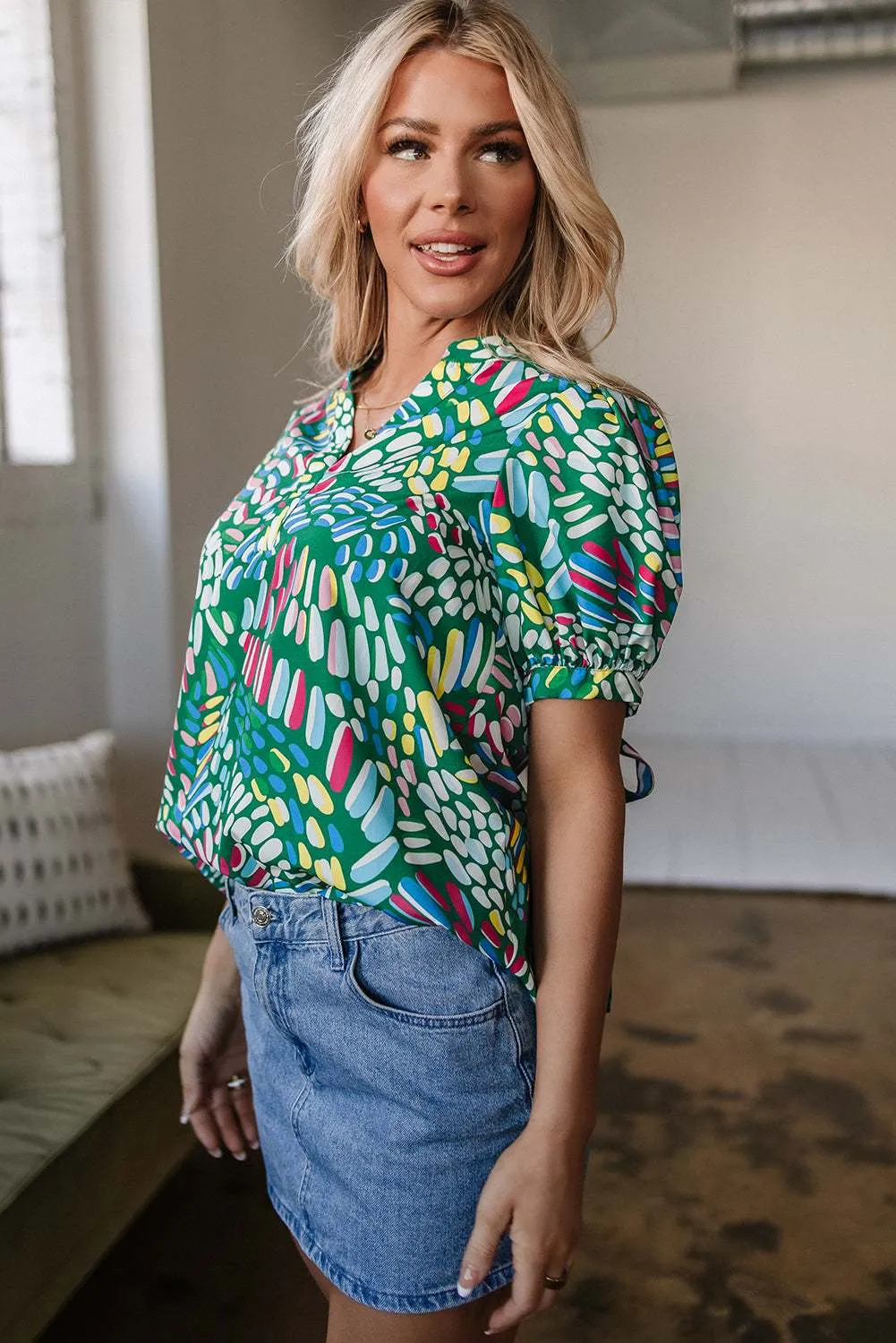Threaded Pear Ellianna Geometric Puff Sleeve Blouse sold by Zulily