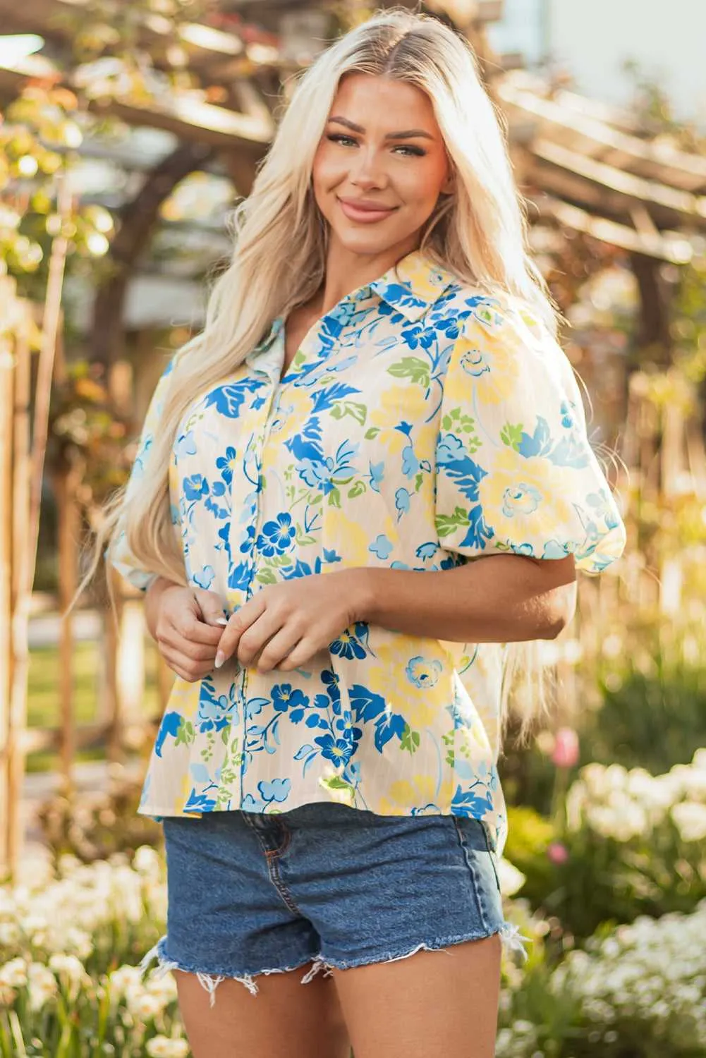 Threaded Pear Claira Floral Puff Short Sleeve Blouse sold by Zulily