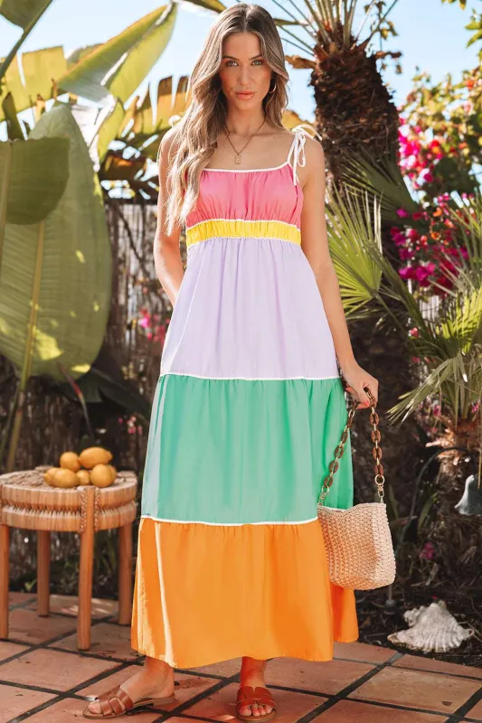 Threaded Pear Cassandra Colorblock Self-tie High Waist Maxi Dress made by Threaded Pear