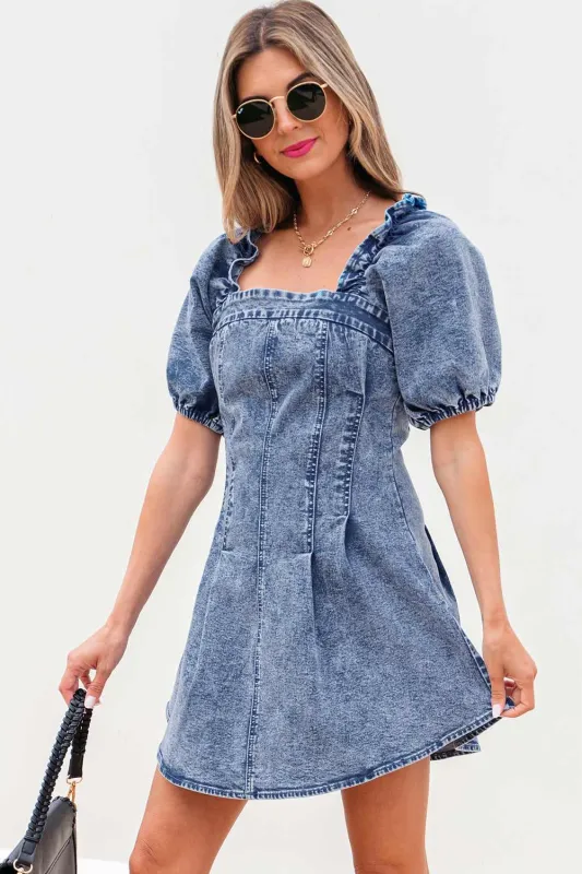 Threaded Pear Celia Square Neck Bustier Puff Sleeve Short Denim Dress made by Threaded Pear
