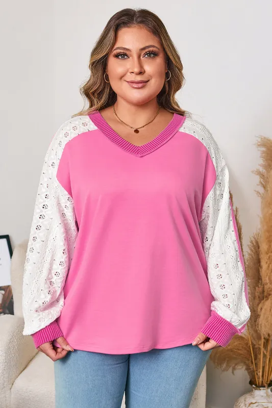 Threaded Pear Bonbon Lace Striped Patchwork Long Sleeve Corded V Neck Plus Size Top made by Threaded Pear