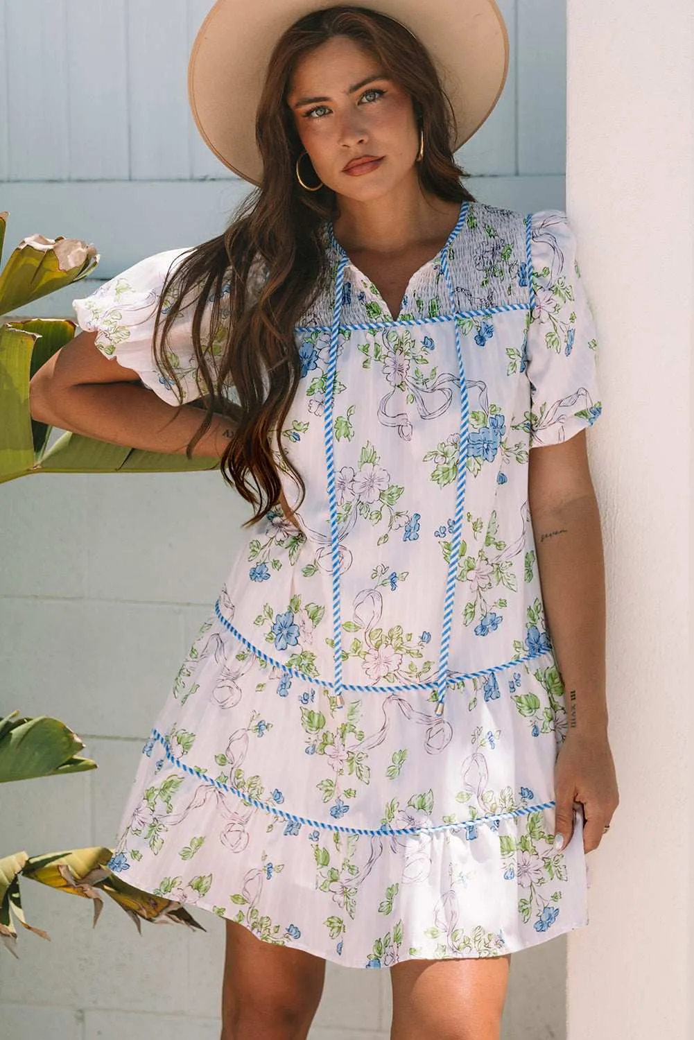 Threaded Pear Celina Floral Striped Trim Tie Split Neck Mini Dress sold by Zulily