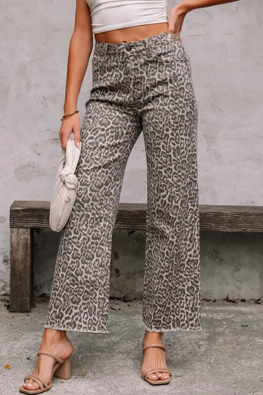 Threaded Pear Brianna Leopard Frayed Edge Wide Leg High Waist Jeans made by Threaded Pear