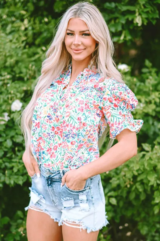 Threaded Pear Azaria Floral Print Button Split Neck Puff Sleeve Blouse made by Threaded Pear