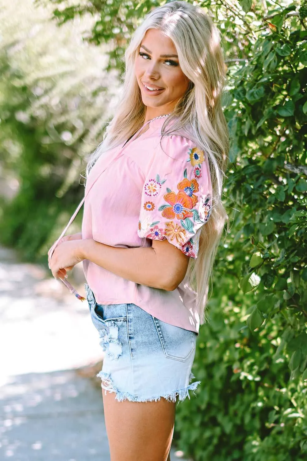 Threaded Pear Araceli Floral Embroidered Puff Sleeve Split Neck Blouse sold by Zulily