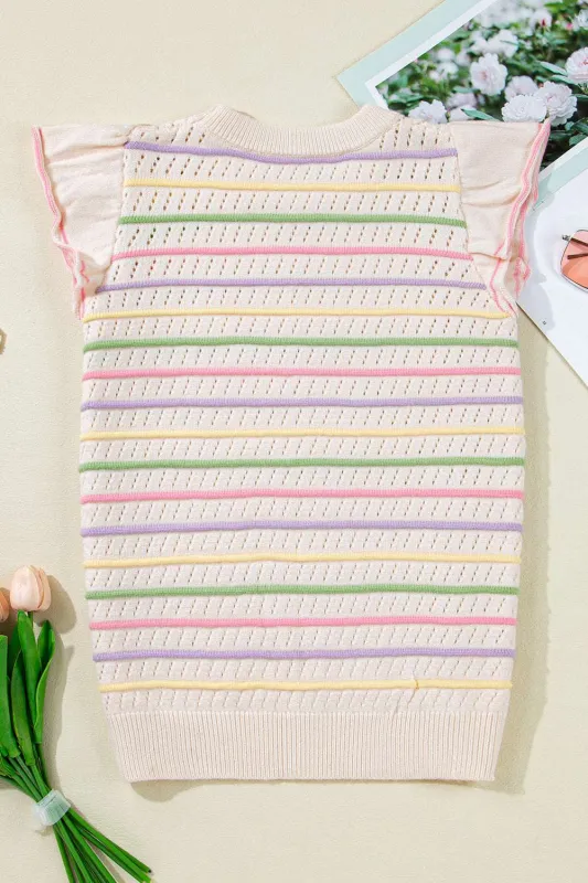 Threaded Pear Annalise Striped Eyelet Ruffled Sleeve Sweater made by Threaded Pear