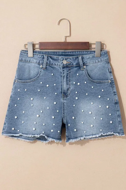 Threaded Pear Amelie Pearl Beaded Raw Hem Medium Wash Denim Shorts made by Threaded Pear