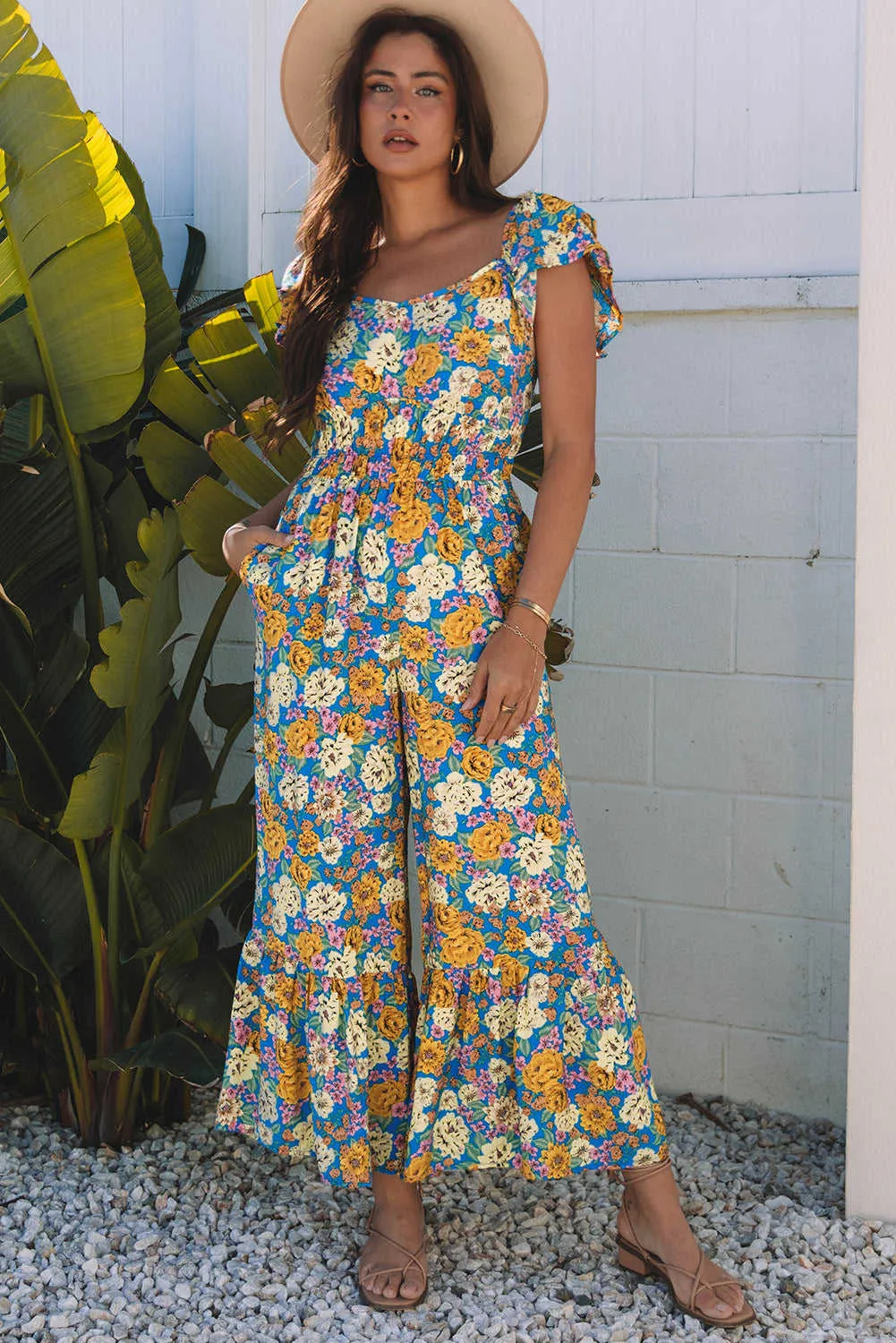 Threaded Pear Amayah Allover Shirred Cut Out High Waist Jumpsuit sold by Zulily