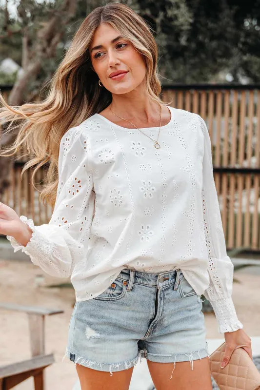 Threaded Pear Allison Eyelet Embroidered Smocked Cuff Sheer Blouse made by Threaded Pear