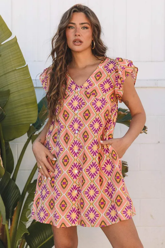 Threaded Pear Alexandria Floral V Neck Buttoned Ruffled Sleeve Mini Dress made by Threaded Pear