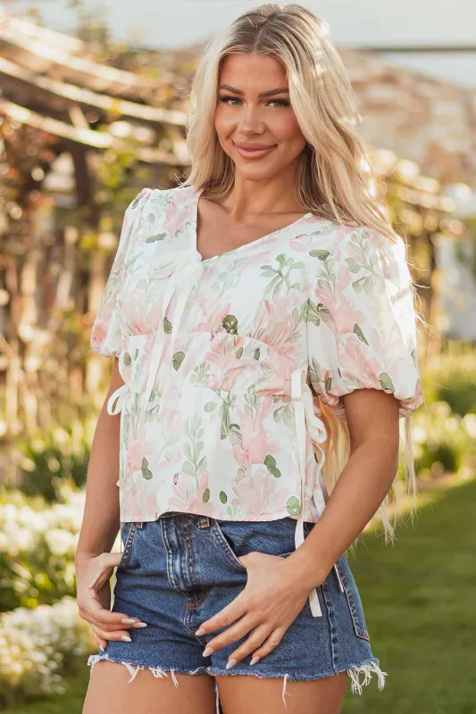 Threaded Pear Alaiya Floral Puff Sleeve V Neck Tied Front Peplum Blouse made by Threaded Pear
