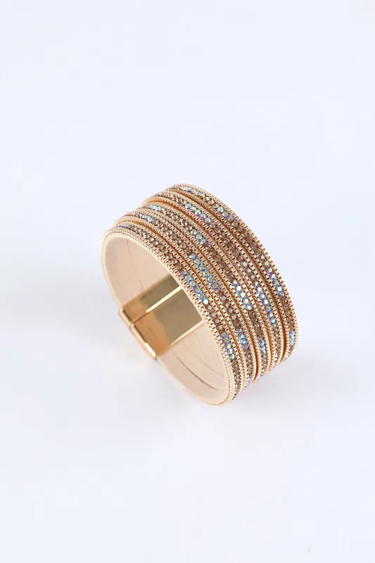 Threaded Pear Gold Full Diamond Leather Wide Edge Magnetic Buckle Bracelet made by Threaded Pear