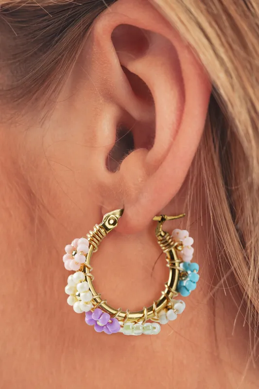 Threaded Pear Gold Beaded Flower Hoop Earrings made by Threaded Pear