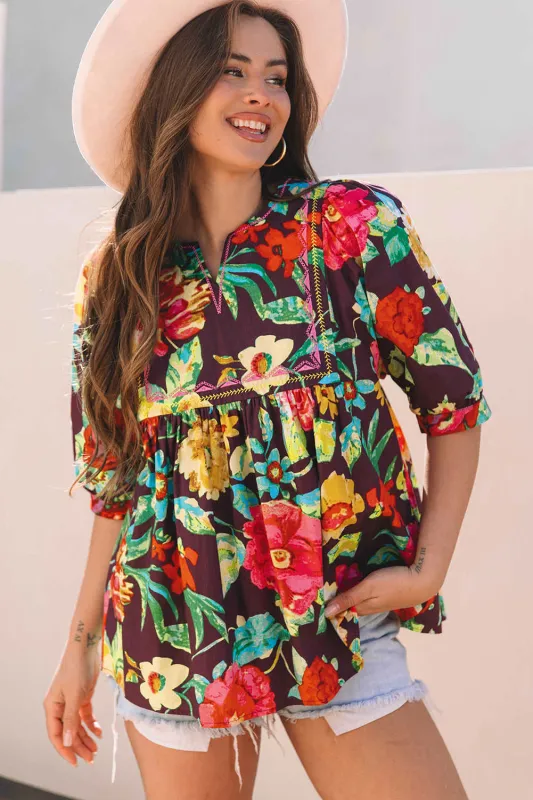 Threaded Pear Adhara Flower Embroidered Trim Half Sleeve Blouse made by Threaded Pear