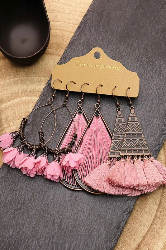 Threaded Pear 3 Pairs Boho Floral Tasseled Geometric Dangle Earrings Set made by Threaded Pear