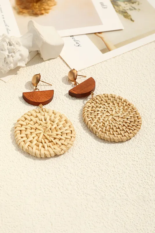 Threaded Pear Beige Wooden Woven Disc Dangle Earrings made by Threaded Pear