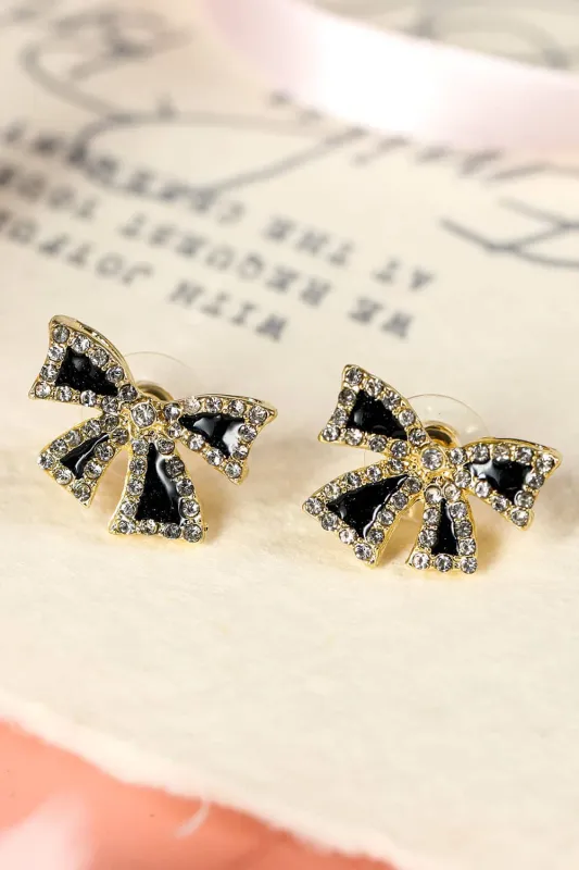 Threaded Pear Black Rhinestone Bow Knot Stud Earrings made by Threaded Pear
