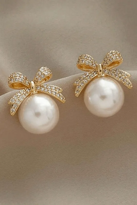 Threaded Pear Ellis Rhinestone Bowknot Pearl Earrings made by Threaded Pear