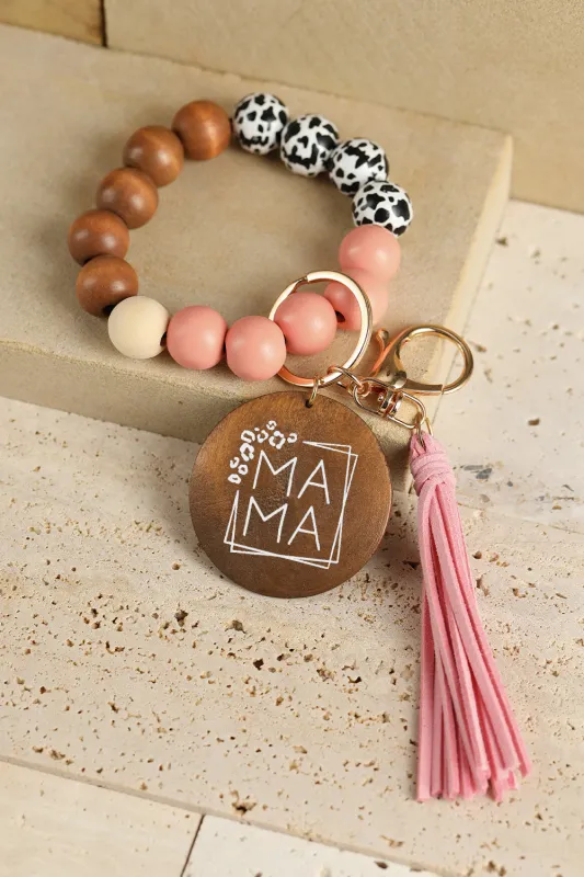 Threaded Pear MAMA Wood Pendant Leopard Fringe Keychain made by Threaded Pear