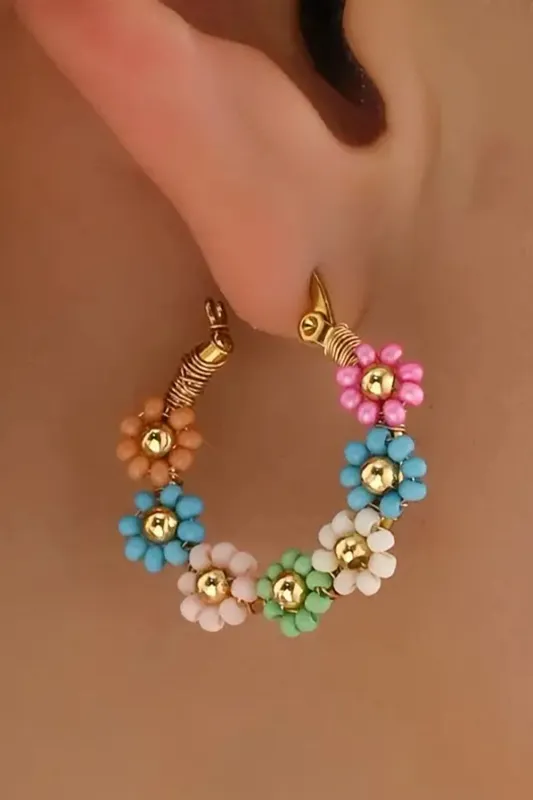 Threaded Pear Pink Colorful Flower Hoop Earrings made by Threaded Pear