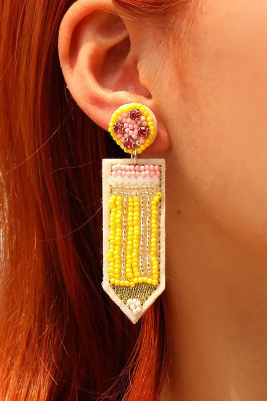 Threaded Pear Yellow Teacher Pencil Earrings made by Threaded Pear