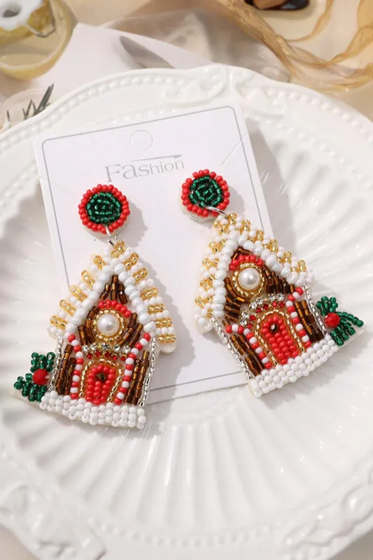 Threaded Pear White Christmas Style House Beaded Stud Dangle Earrings made by Threaded Pear