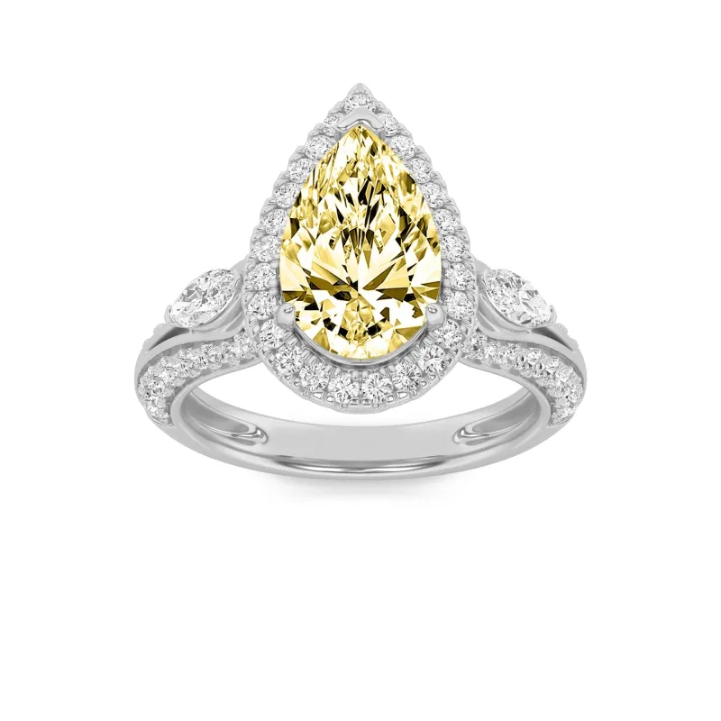 3Cttw Pear Shaped Yellow Lab Grown Diamond (F/VS) Three Stone Halo Enagement Ring 14K Gold made by Zulily