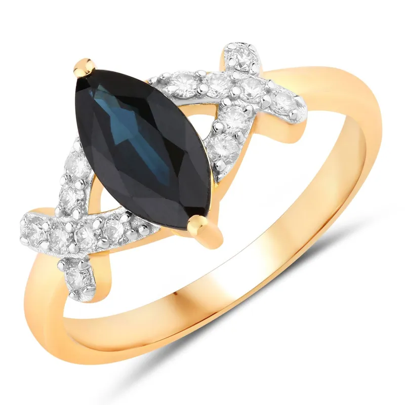 1.50ct Marquise Blue Sapphire and White Diamond Prong 14K Yellow Gold Criss-Cross Ring made by Zulily