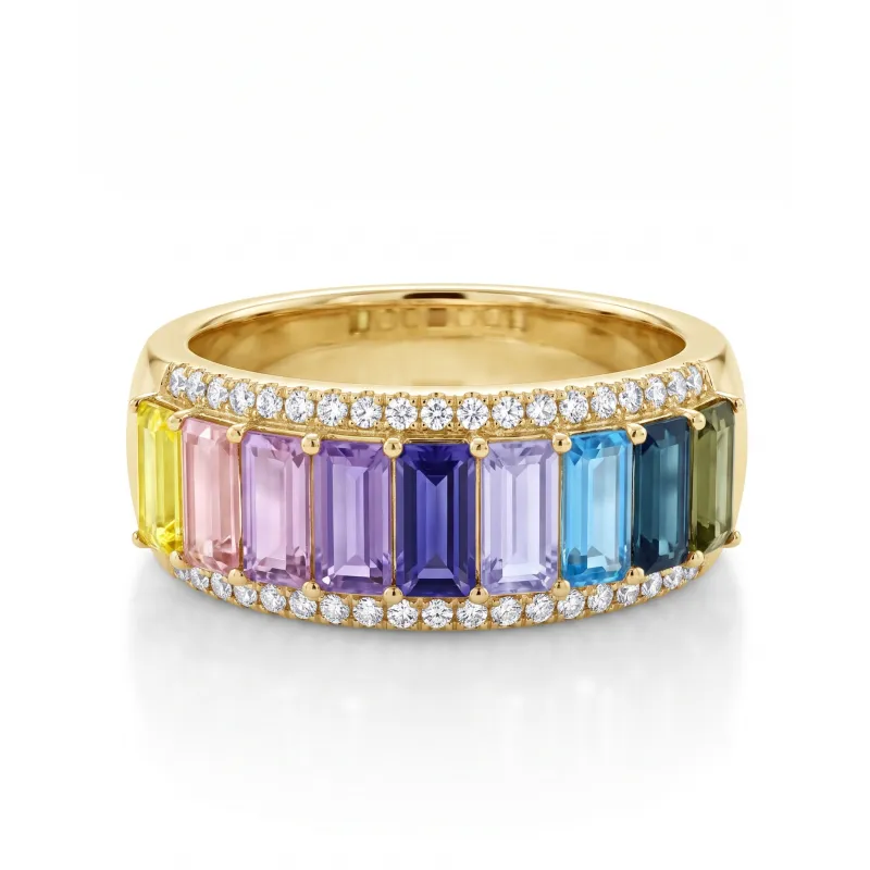 IGI Certified 2.35 Ct Baguette Multi Color Unheated Sapphire and Diamond 14K Gold Eternity Engagement Band Ring made by Zulily