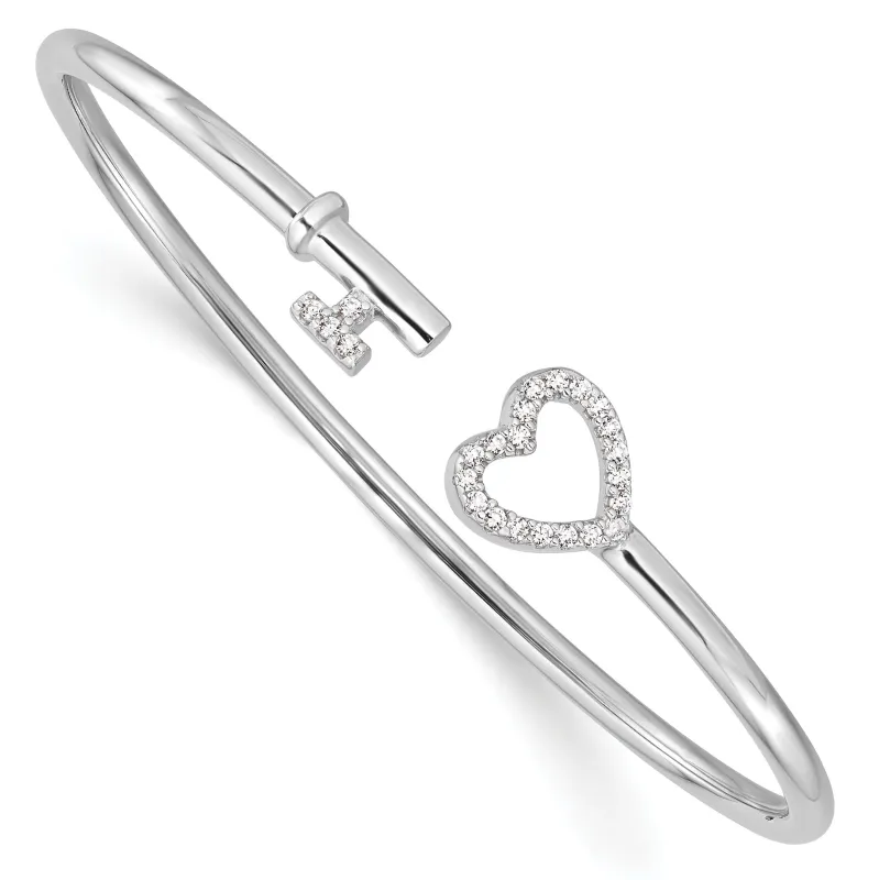 Round White Cubic Zirconia Prong Sterling Silver Heart and Key Flexible Slip-On Bangle Bracelet made by Zulily