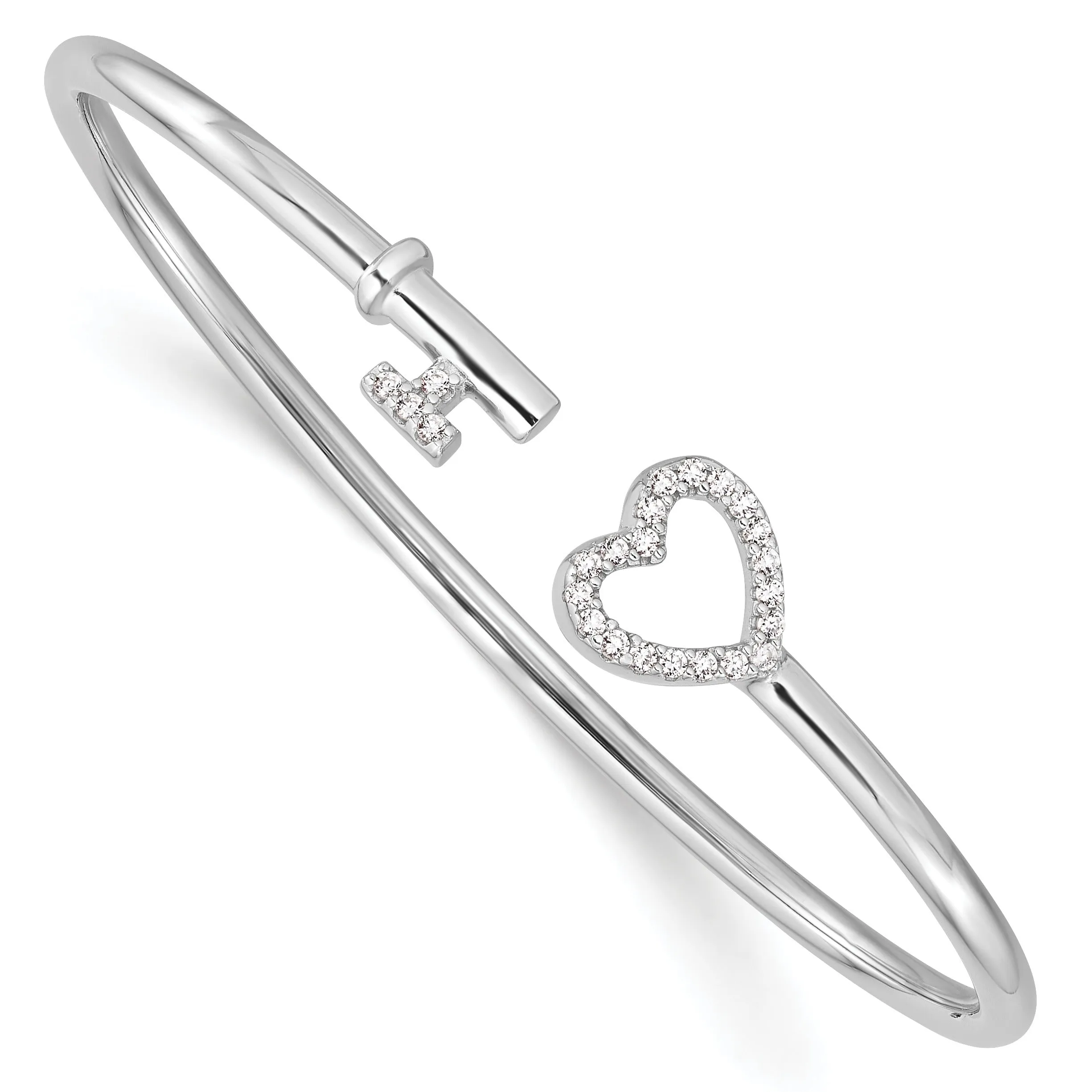 Round White Cubic Zirconia Prong Sterling Silver Heart and Key Flexible Slip-On Bangle Bracelet sold by Zulily