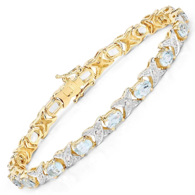 6.40 Ct Oval Blue Aquamarine & Diamond Prong Yellow Gold Over Silver X-Link Tennis Bracelet made by Zulily