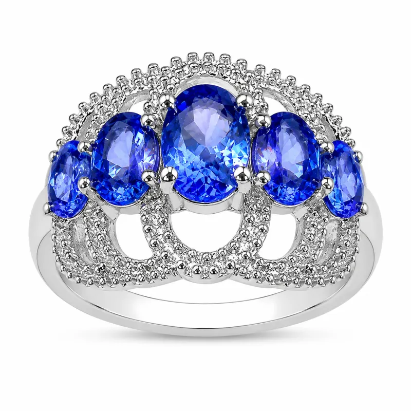 2.13 Ct Oval Violet Tanzanite Prong Silver Pave Five Stone Crown Style Ring made by Zulily