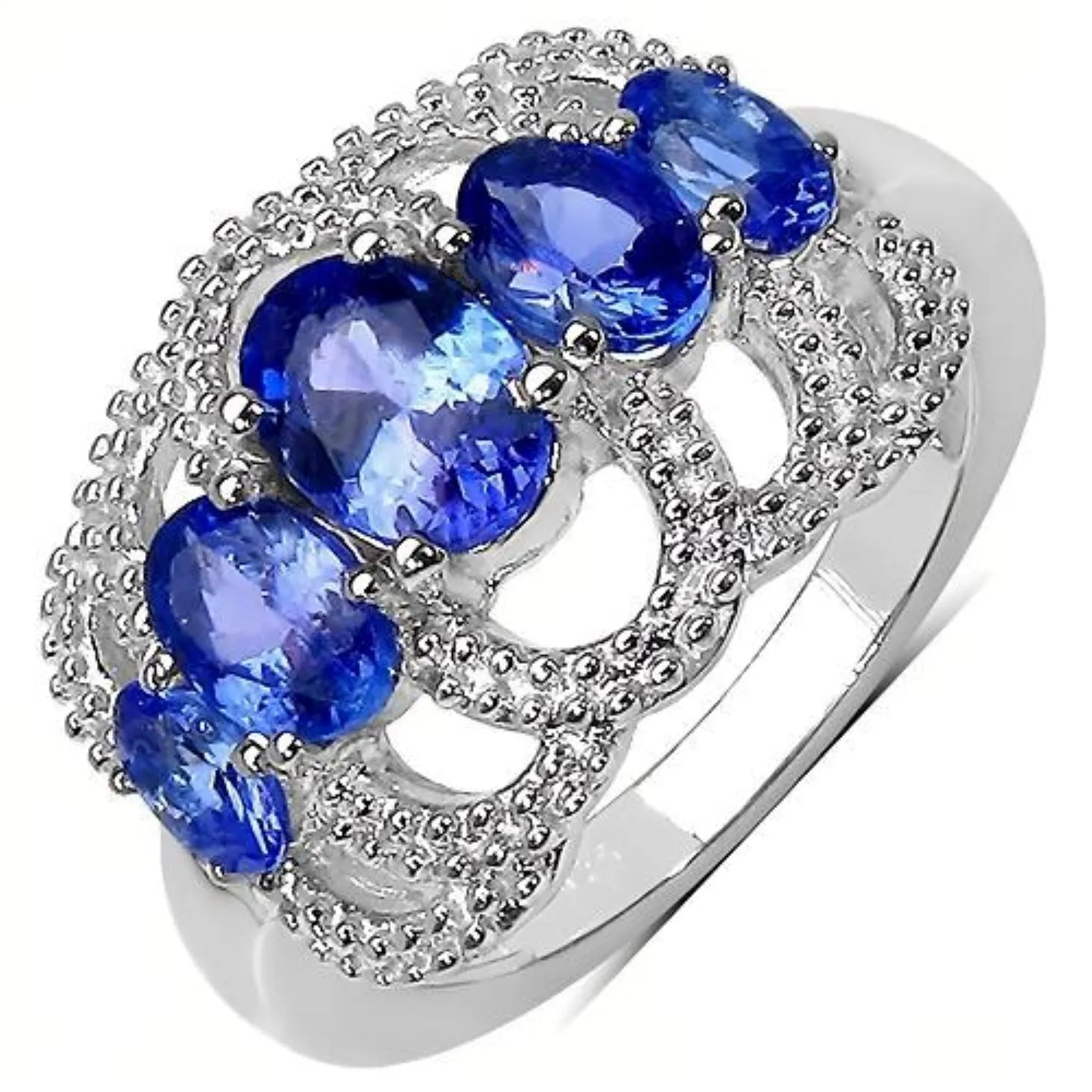 2.13 Ct Oval Violet Tanzanite Prong Silver Pave Five Stone Crown Style Ring sold by Zulily product image thumbnail 2
