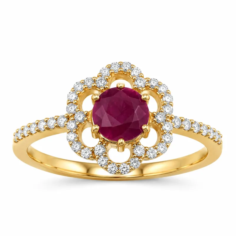0.55 Ct Round Pink Ruby & Diamond Prong 14K Yellow Gold Halo Floral Ring made by Zulily