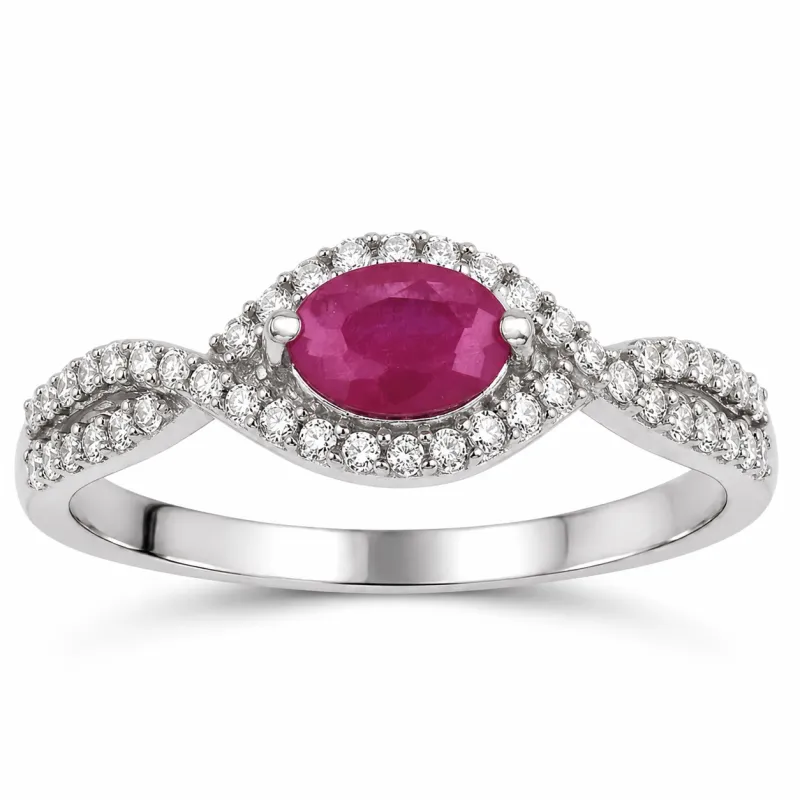 0.27 Ct Oval Pink Ruby & White Diamond Prong 14K White Gold Crossover Halo Ring made by Zulily
