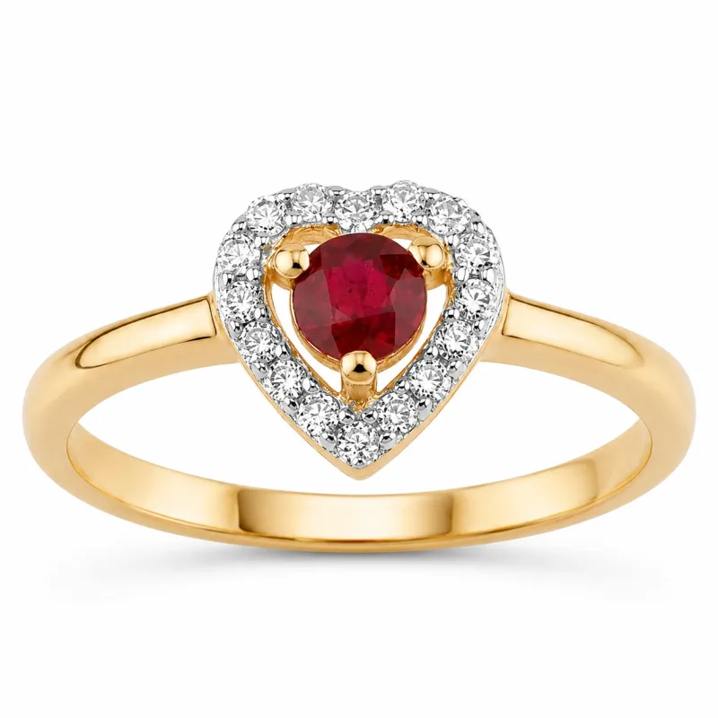 0.13 Ct Round Pink Ruby & Diamond Prong 14K Yellow Gold Halo Heart Ring made by Zulily