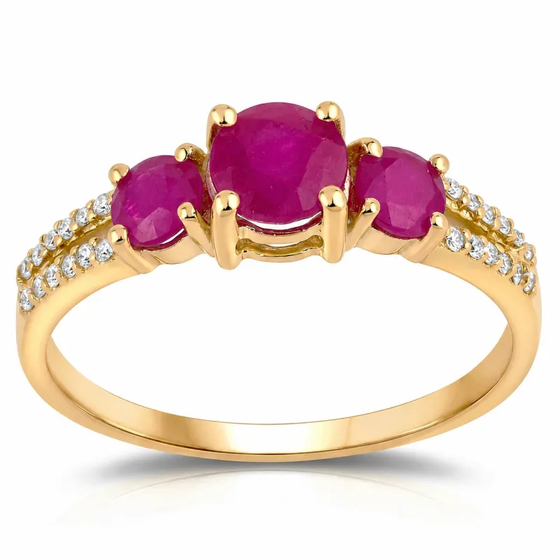 0.95 Ct Round Pink Ruby & Diamond Prong 14K Yellow Gold Pave Three Stone Split Shank Ring made by Zulily