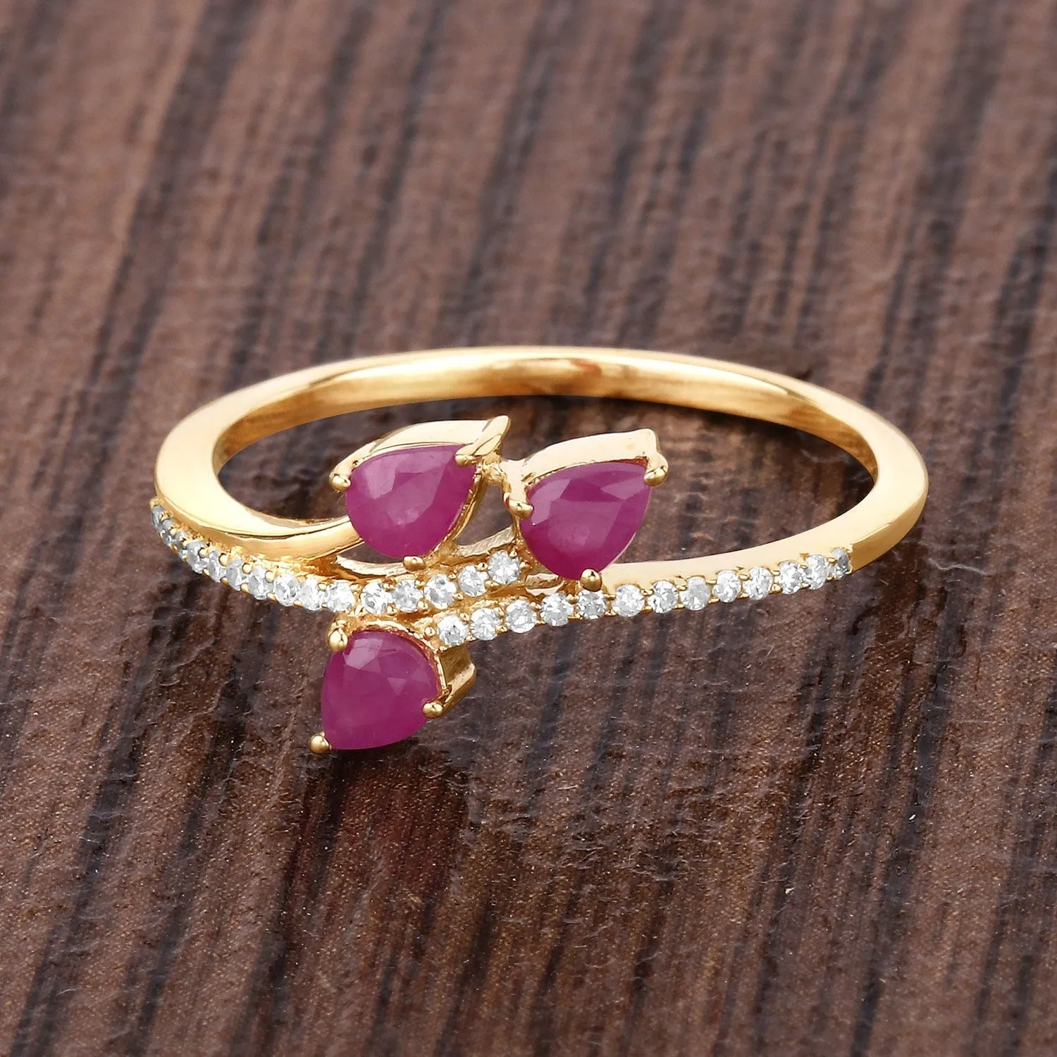 0.60 Ct Pear Pink Ruby & Diamond Prong 14K Yellow Gold Pave Bypass Three Stone Ring sold by Zulily product image thumbnail 5
