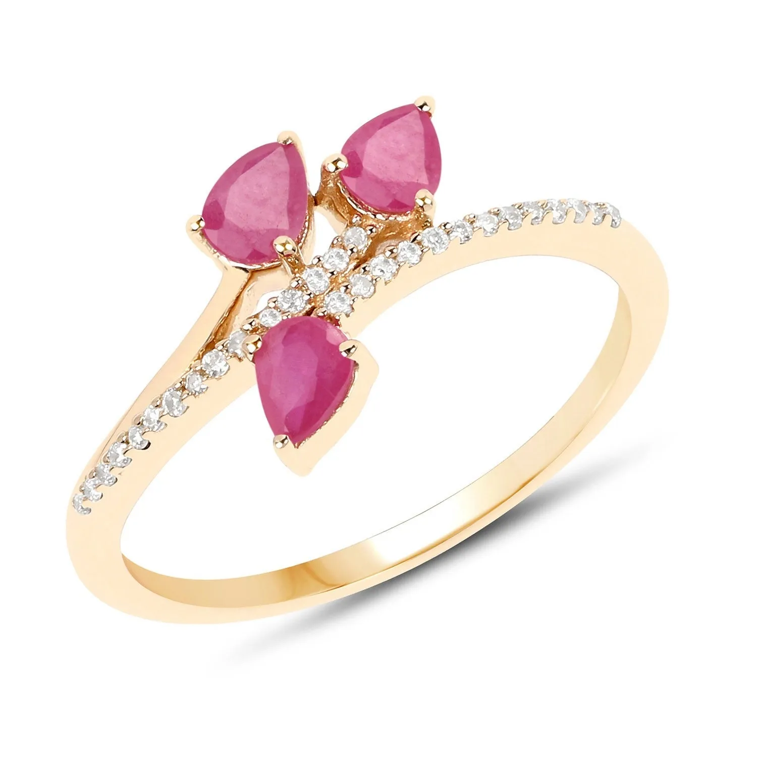 0.60 Ct Pear Pink Ruby & Diamond Prong 14K Yellow Gold Pave Bypass Three Stone Ring sold by Zulily product image thumbnail 2