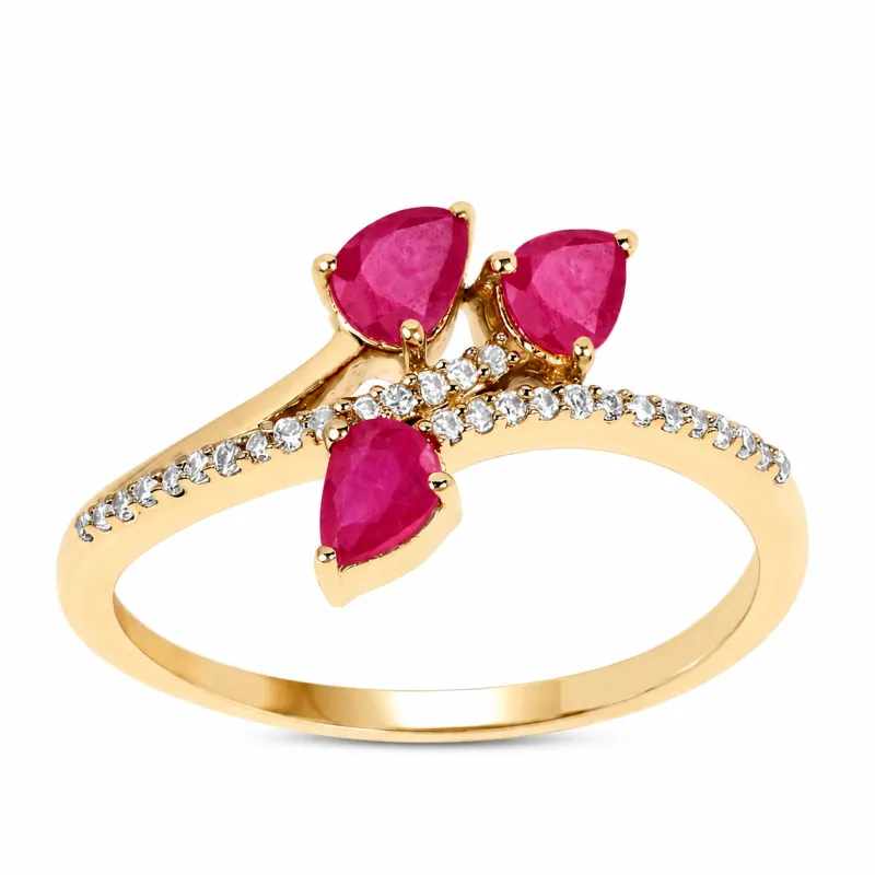 0.60 Ct Pear Pink Ruby & Diamond Prong 14K Yellow Gold Pave Bypass Three Stone Ring made by Zulily