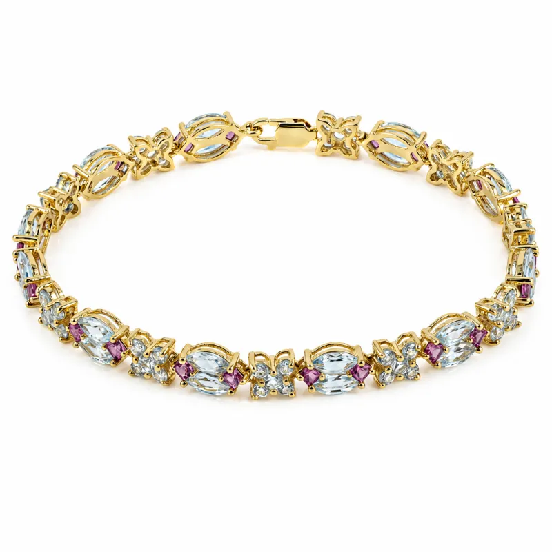 12.49 Ct Sky Blue Topaz Prong Gold Plated Silver Alternating Butterfly & Multi-Gemstone Cluster Tennis Bracelet made by Zulily