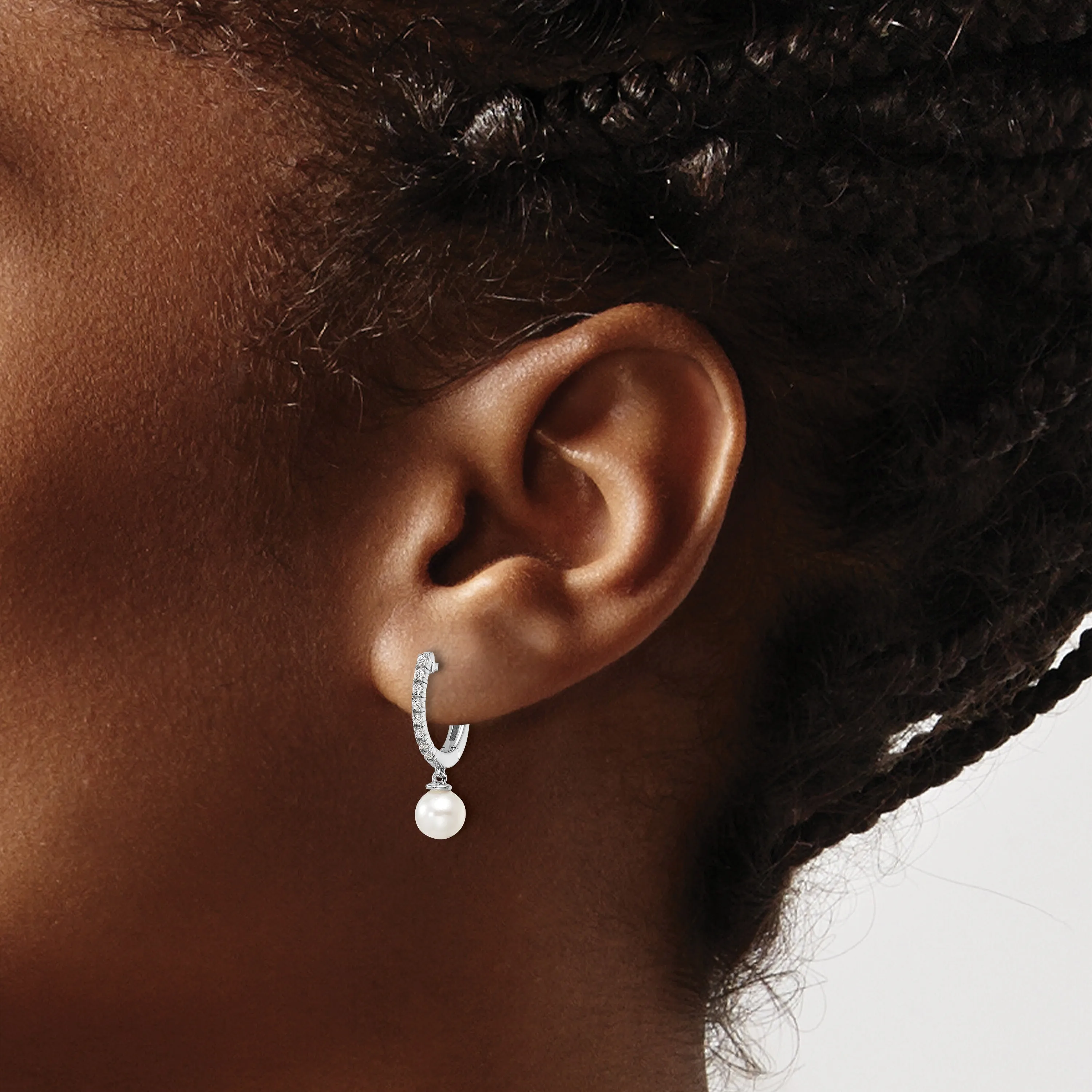 1/10 ct Lab Diamond and Cultured Pearl Hinged Hoop Earrings 14k White Gold sold by Zulily product image thumbnail 3
