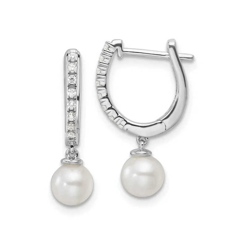 1/10 ct Lab Diamond and Cultured Pearl Hinged Hoop Earrings 14k White Gold made by Zulily