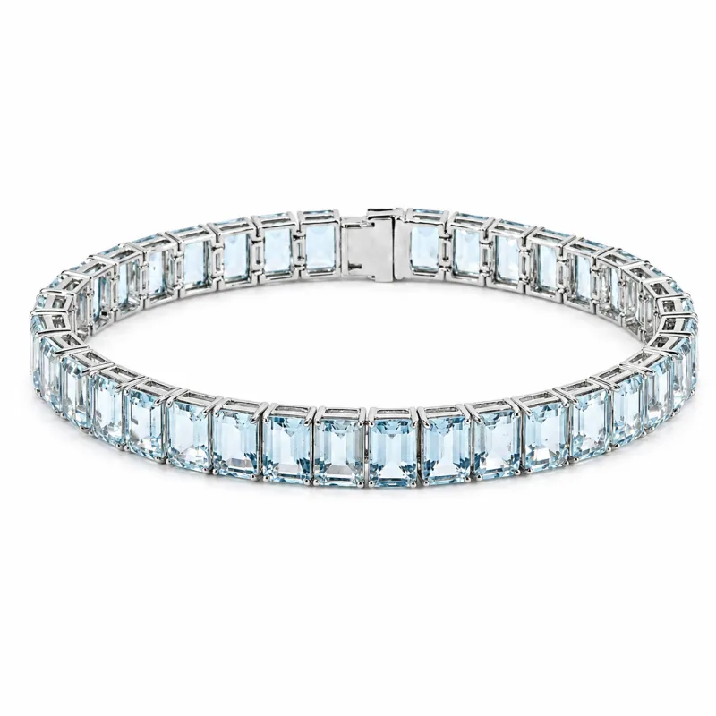 Emerald Cut Blue Aquamarine Prong Sterling Silver Classic Inline Box Clasp Tennis Bracelet made by Zulily
