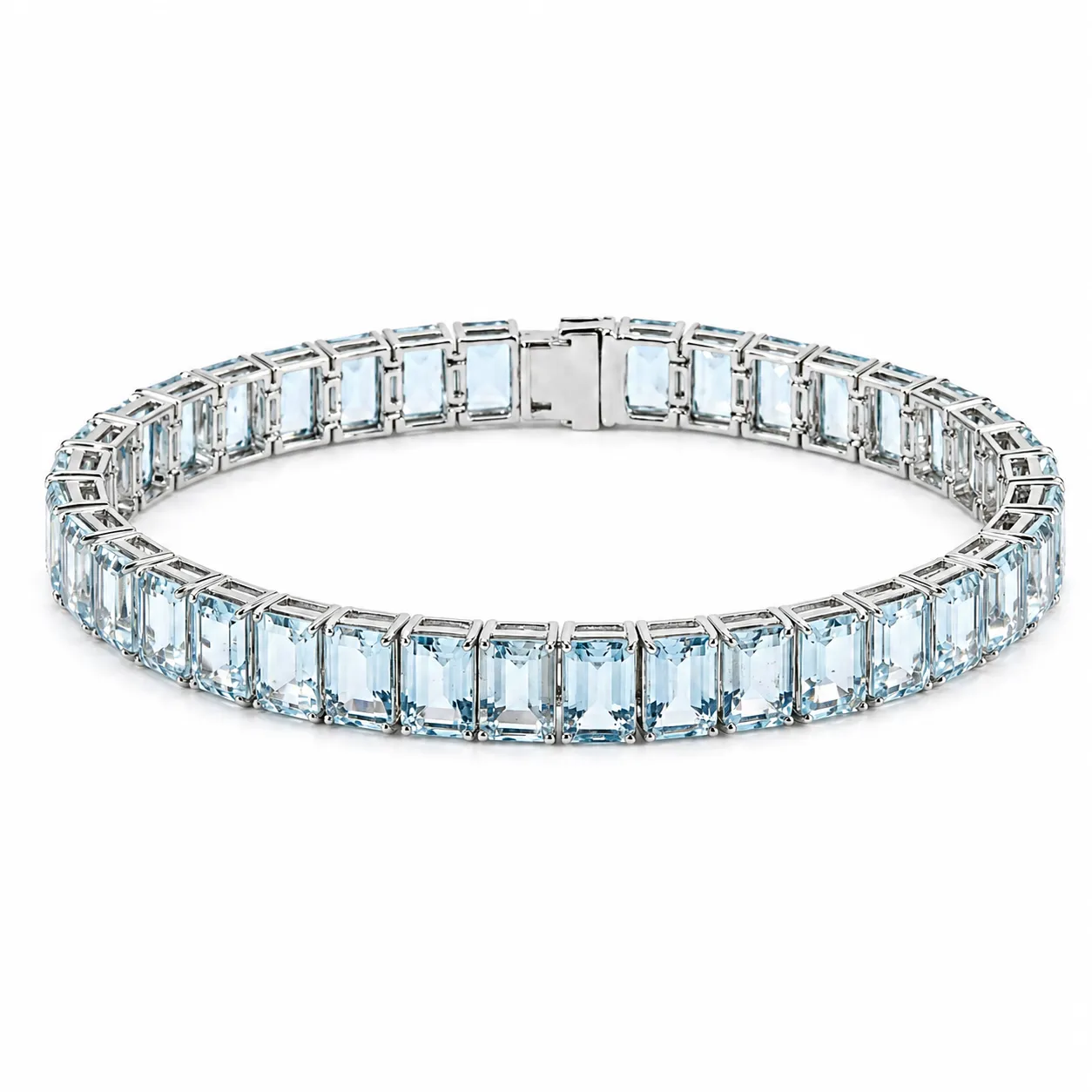 Emerald Cut Blue Aquamarine Prong Sterling Silver Classic Inline Box Clasp Tennis Bracelet sold by Zulily
