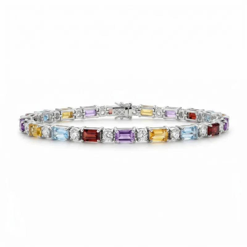 11.8 Ct Baguette Rainbow Multi-Gemstone Prong Silver Alternating Inline Box Clasp Tennis Bracelet made by Zulily